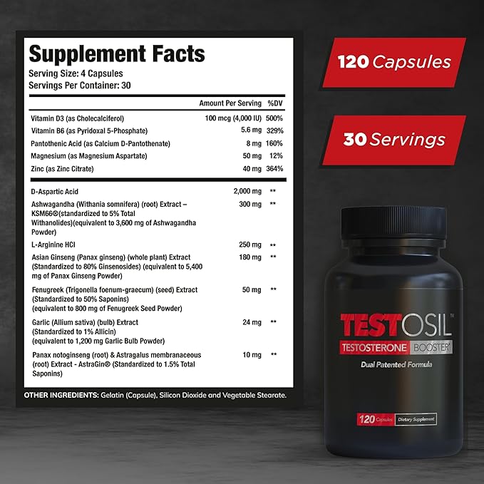 Leading Edge Health Testosil - Testosterone Supplement for Men – 120 Testosterone Booster Capsules with Ashwagandha (KSM 66), & Fenugreek – for Energy, Muscle Health & Vitality Support