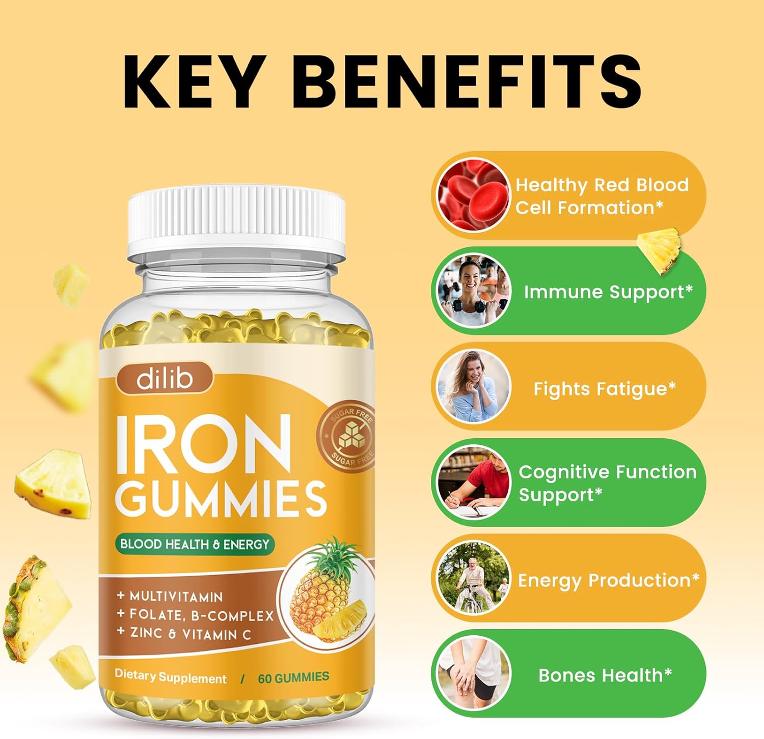 Iron Gummies with Multivitamin, Iron Supplement for Women & Men with Zinc, Vitamin B Complex & C, B12, Folate - Blood Builder & Energy Support for Adults & Kids - Pineapple Flavor, Vegan 60 Gummies
