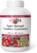 Natural Factors CranRich, Super Strength 36:1 Cranberry Concentrate, 500 mg, Sugar-Free Whole Fruit Cranberry Pills for Urinary Tract Health, 180 Capsules