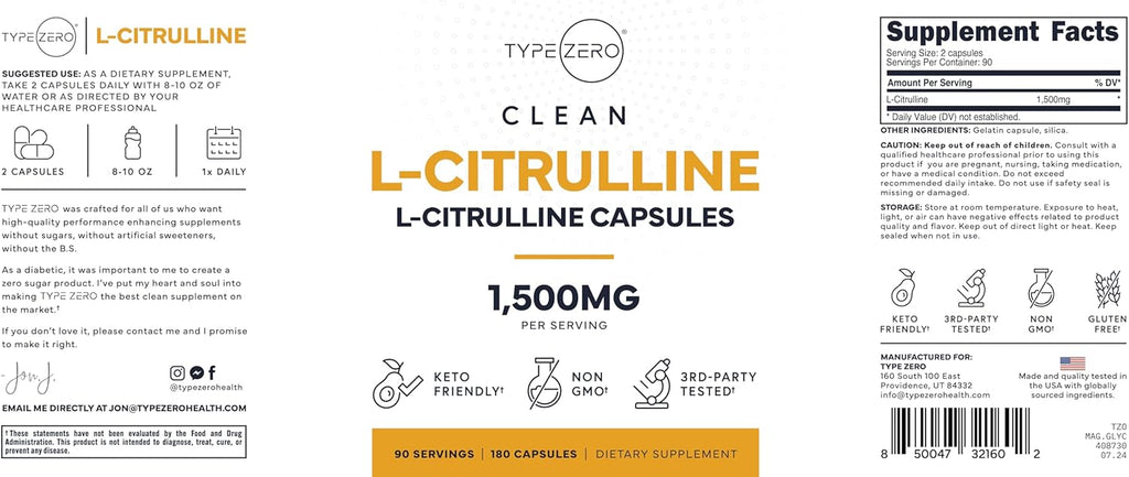 Type Zero L-Citrulline Capsules (180 Capsules) (1500 mg per Serving) - GMO-Free