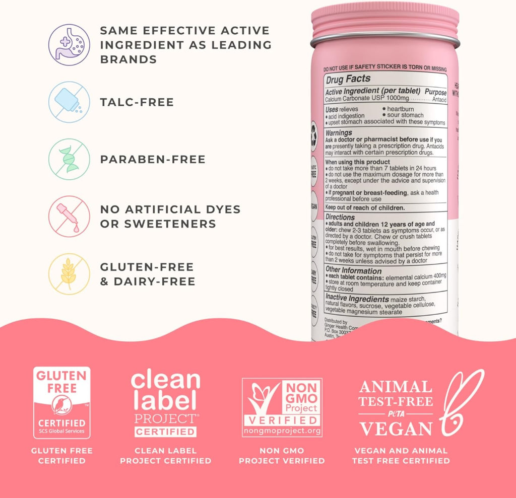 Wonderbelly Antacid, Effective Heartburn and Instant Acid Indigestion Relief, Extra Strength Chewable Tablets, 1000 mg Calcium Carbonate, No Talc or Dye, Strawberry Milkshake, 60 Count