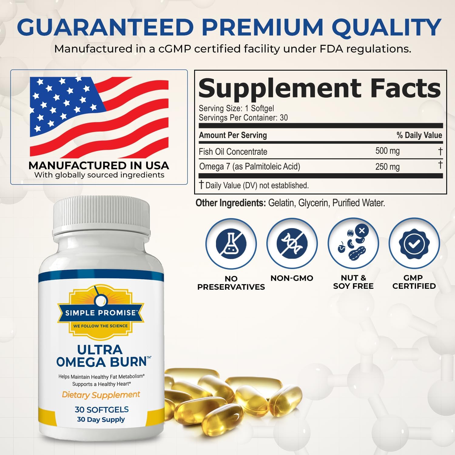 Simple Promise Ultra Omega Burn - Omega-7 Supplement with Pure Palmitoleic Acid - Fish Oil for Metabolism, Weight Support & Cardiovascular Health - Healthy Heart Support for Men & Women | 30 Softgels