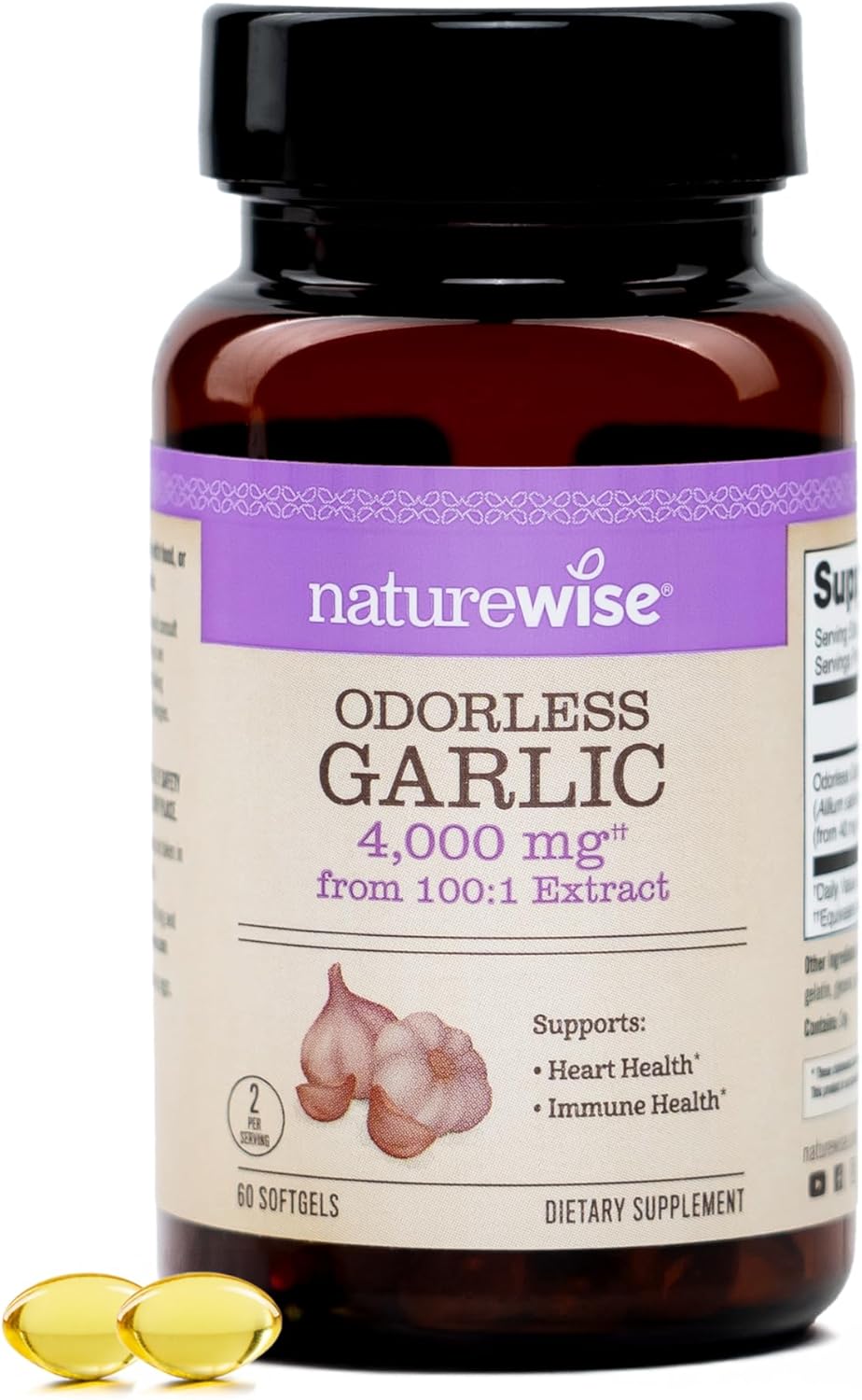 NatureWise Odorless Garlic Supplement 4000mg - Ultra Potent 100:1 Extract - Healthy Cholesterol Formula, Heart Health Support - Non-GMO, Gluten Free, with Halal Gelatin - 60 Count[30-Day Supply]