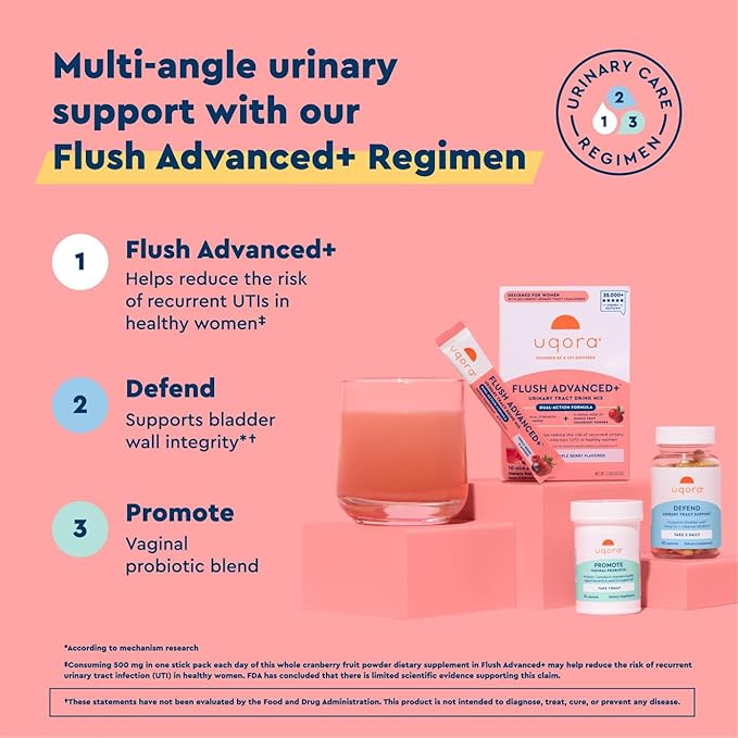 Uqora Flush Advanced+ Regimen with Flush Advanced+ - Cranberry to Reduce Risk of Recurrent UTI** - Defend & Promote - D-Mannose, Vitamin C, Green Tea Extract & Probiotics - 3-Part Bundle