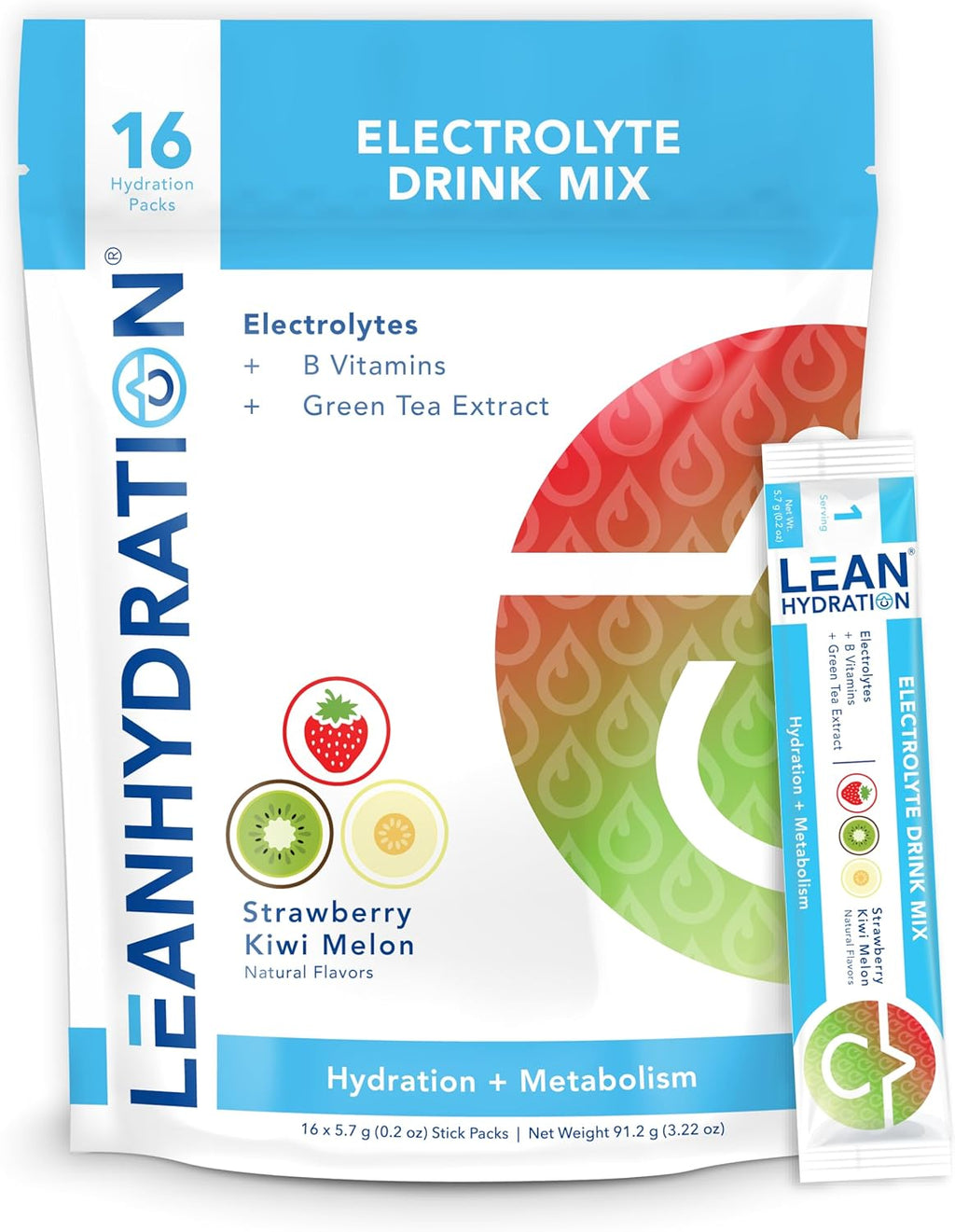 LEAN Hydration Daily Electrolyte Packets Drink Mix | Zero Calories, Zero Sugar plus Vitamins, Minerals & More | 16 ct (Strawberry Kiwi Melon)