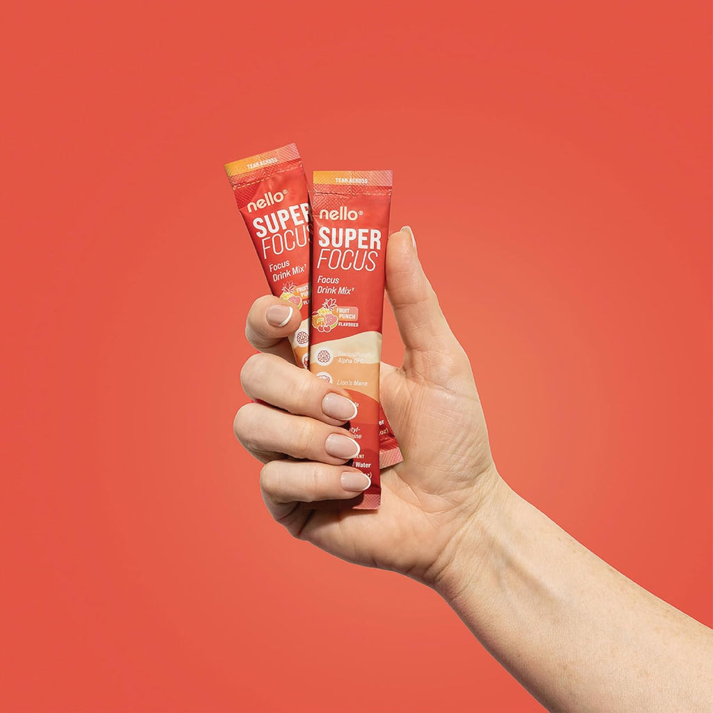 Nello SuperFocus Focus Drink Mix – Fruit Punch Flavor – Alpha GPC, Lion’s Mane, Rhodiola & N-Acetyl L-Tyrosine – Sugar-Free, On-The-Go Packets – 20 Servings