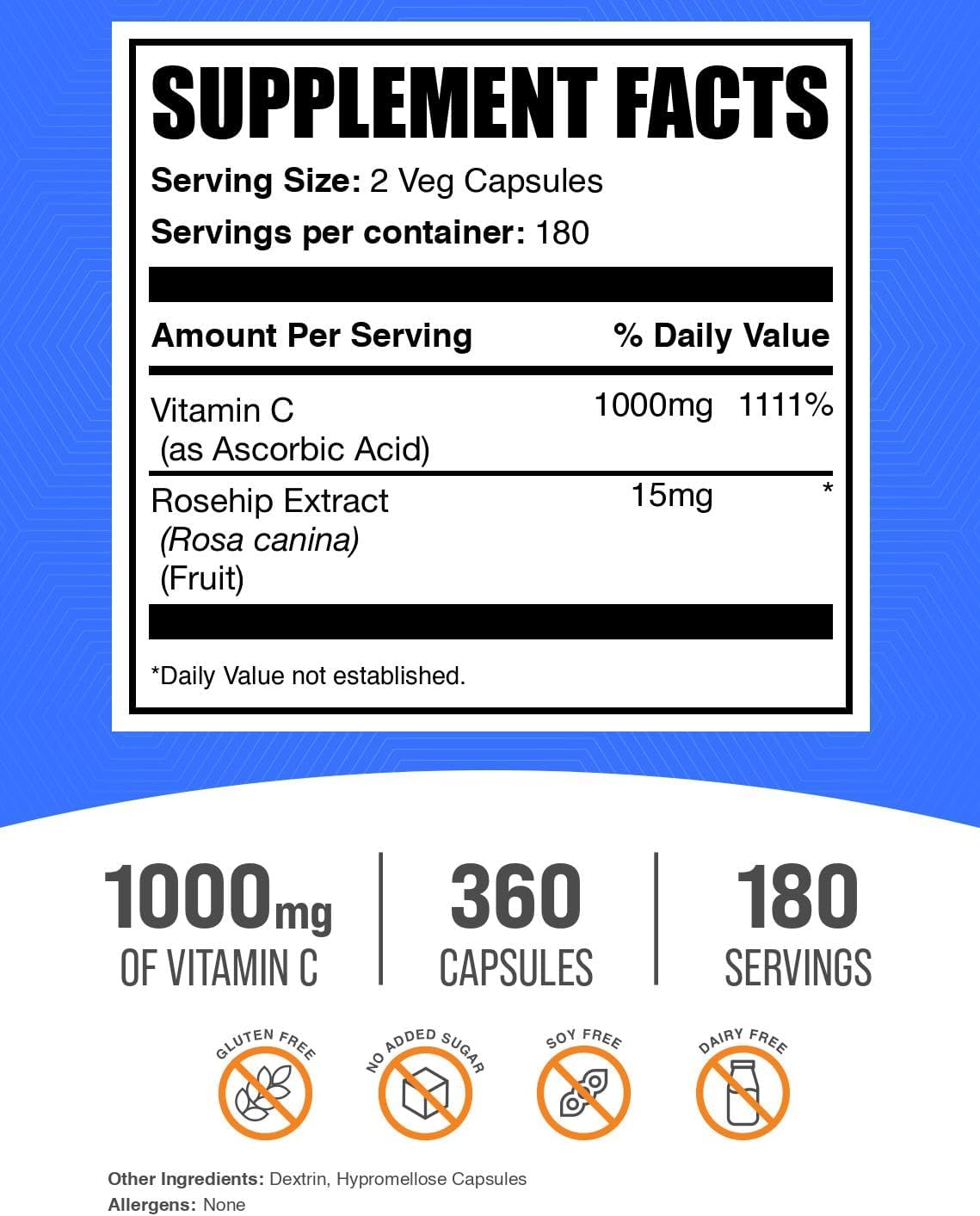 BulkSupplements.com Vitamin C with Rose HIPS Capsules - Vitamin C 1000mg & Rose HIPS 15mg, for Immune Support - Vegan, 2 Capsules per Serving, 360 Count (Pack of 1)