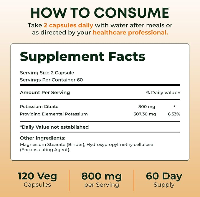 Pure Nutrition Potassium Citrate 800mg | 120 Caps | Support Electrolyte Balance | High Potency 800mg Potassium Citrate per Serving.