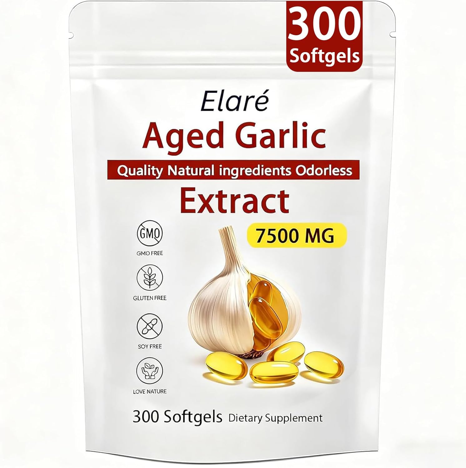 Elare Aged Garlic Extract – 300 Count 7500mg Odorless Organic Garlic Supplement for Heart & Immune Support – Vegetarian, Non-GMO, All-Natural Softgels, 2-Year Matured for Antioxidant Wellness