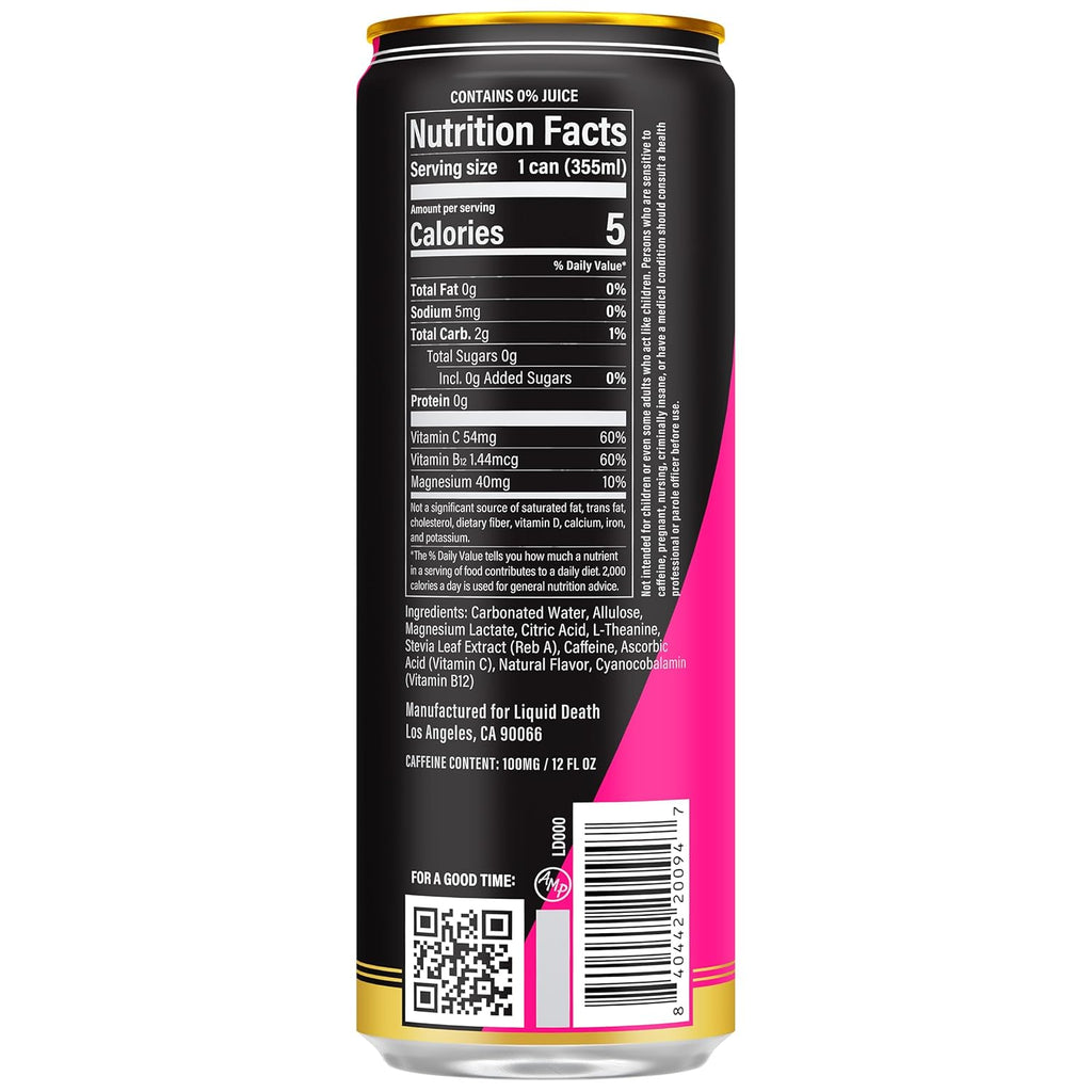 Liquid Death Sparkling Energy - Scary Strawberry (Strawberry and Lemon Flavor), Sugar-Free Energy Drink, Unextreme Caffeine 100mg, Essential Vitamins, 12 Fl Oz (Pack of 12)