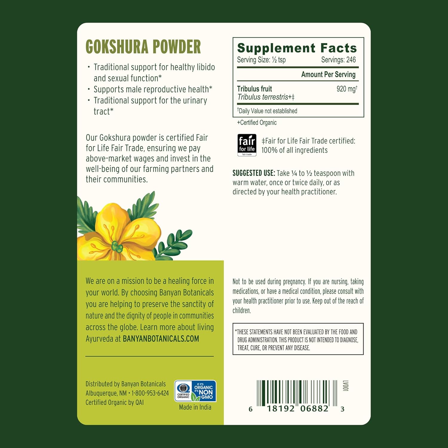 Banyan Botanicals Gokshura Powder – Organic Gokshura Fruit (Tribulus Terrestris) Powder – Men's Vitality Supplement – Supports Urinary Health* – ½ lb. – Non-GMO Sustainably Sourced Vegan