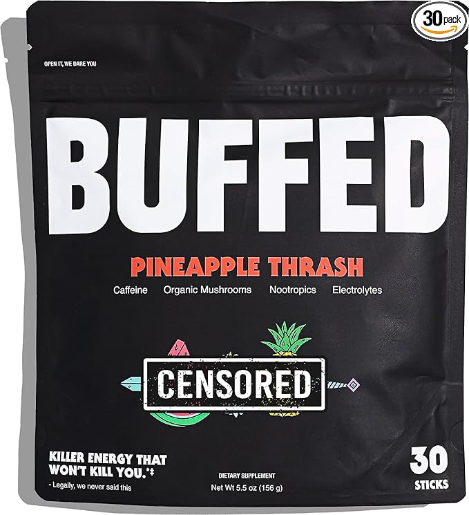 Energy Powder Stick Packs, Drink Mix | Clean, Healthy Boost Packets | 150mg Caffeine + Hydration | Nootropics, Organic Mushrooms, B-Vitamins, Electrolytes | 30 Pack-Pineapple Thrash