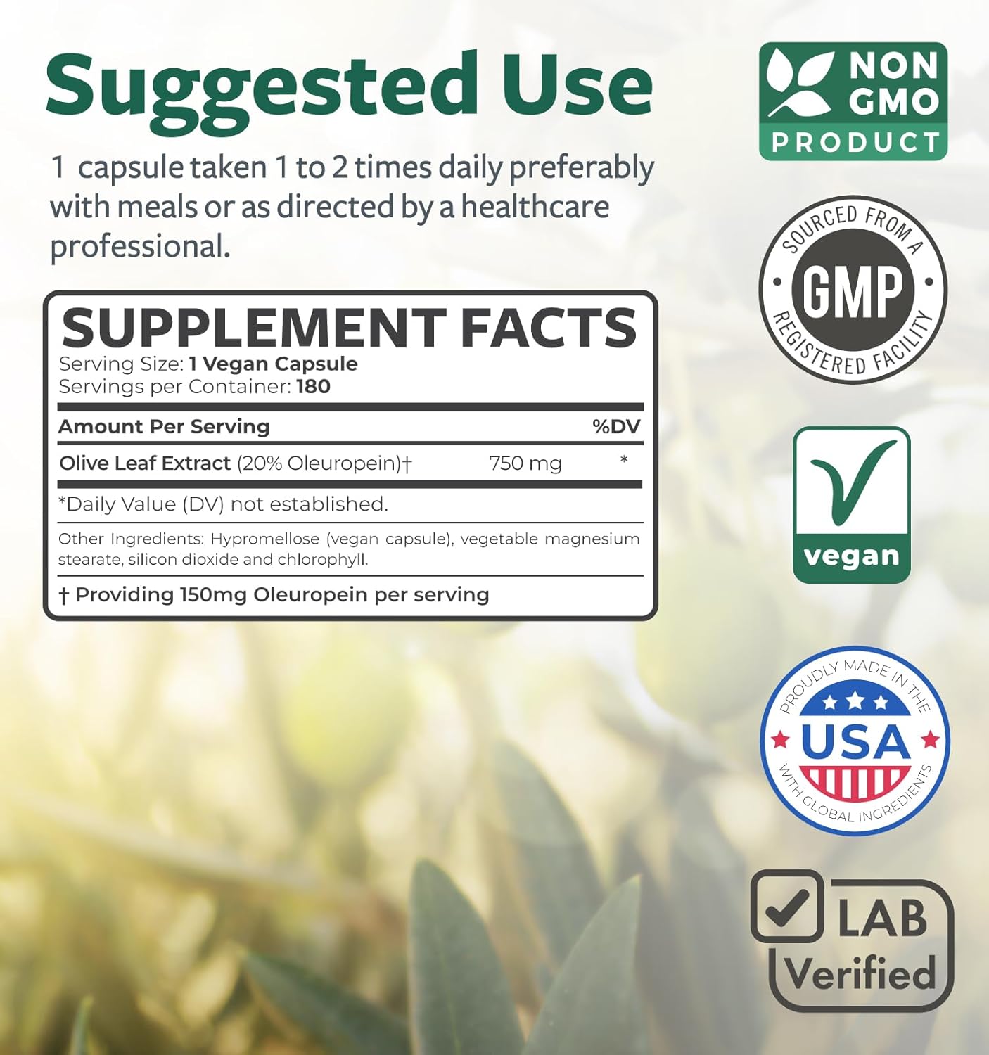 Super Strength Olive Leaf Extract Capsules - Vegan Non-GMO 750mg Olive Extract with 20% Oleuropein Antioxidant Supplement for Immunity Skin and Heart Health Support - Made in The USA (6 Month Supply)