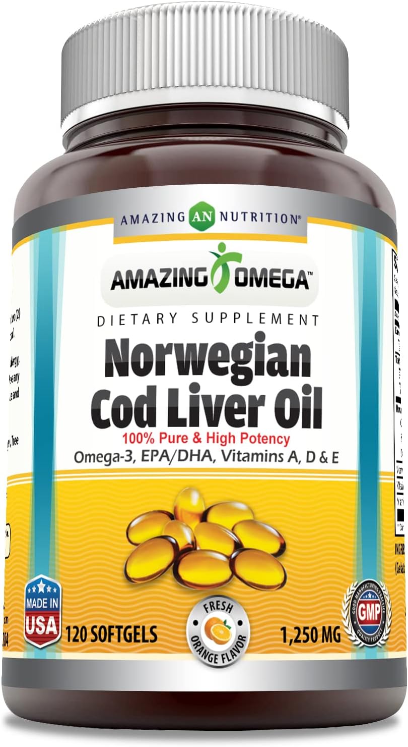 Amazing Omega Norwegian Cod Liver Oil 1250 mg 120 Softgels Supplement (Fresh Orange Flavor)