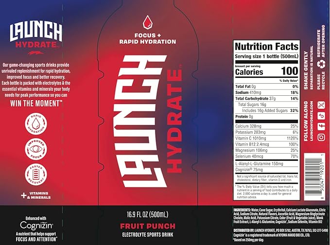 Sports Drink: Fruit Punch Flavor - 16.9 Oz (12 Pack), Energy Drink + Hydration, Real Cane Sugar, Electrolytes, Cognizin for Focus, Vitamin B12 Energy Boost, L-Glutamine Hydration Formula, No Artificial Sweeteners, Colors, or High Fructose Corn Syrup – ...