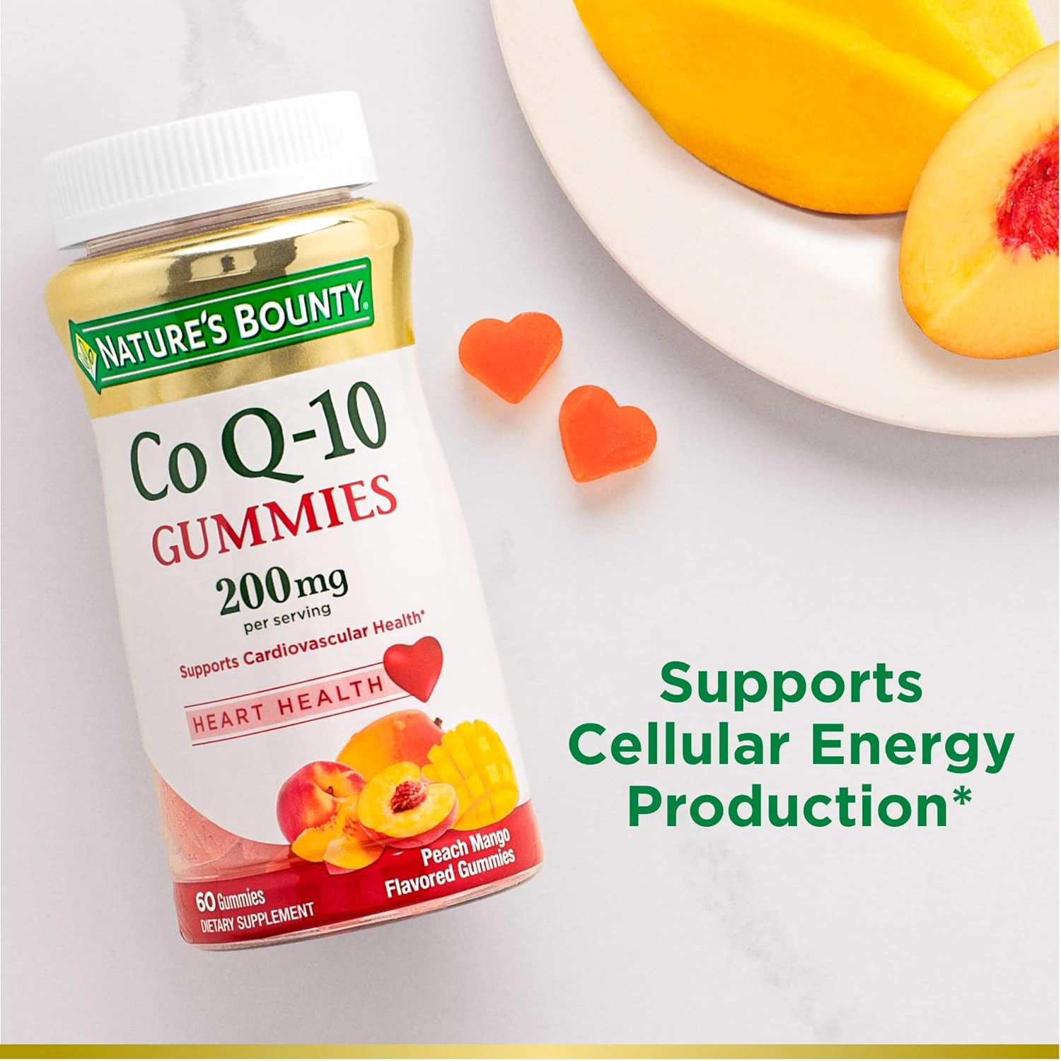 Nature's Bounty CoQ10 Gummies, Supports Heart Health, CoQ10 200mg, Peach Mango Flavor, 60 Count