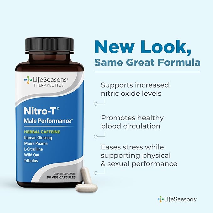 LifeSeasons Nitro-T - Men's Performance Support Supplement - Enhance Stamina & Energy - Promote Healthy Blood Circulation - L-Citrulline L-Theanine Tribulus Ginger Kava & Caffeine - 90 Capsules