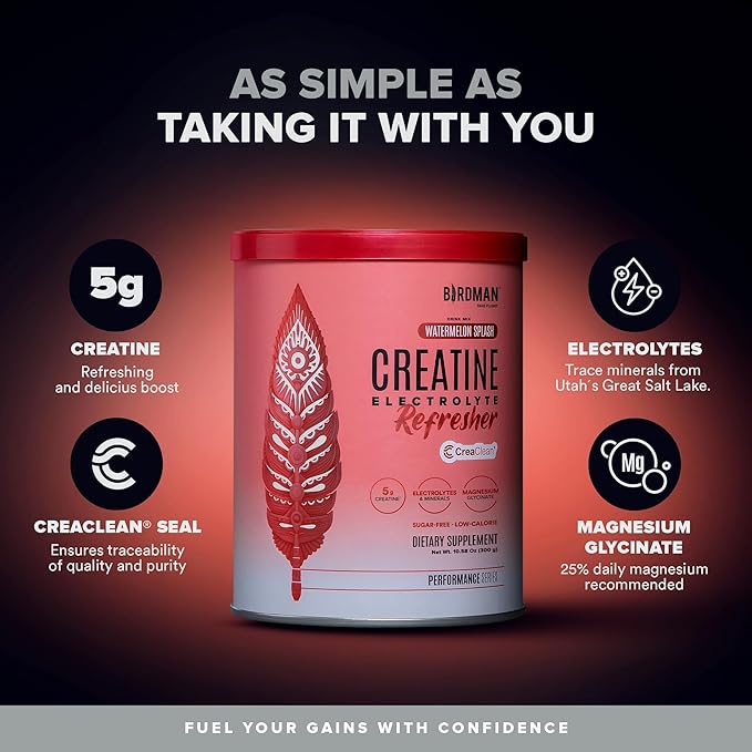 BIRDMAN Creatine Refresher | Creatine Monohydrate Powder with Electrolytes, Magnesium Glycinate & Vitamins | Creaclean Seal | Sugar Free, Low Calorie | Watermelon Splash | 30 Servings