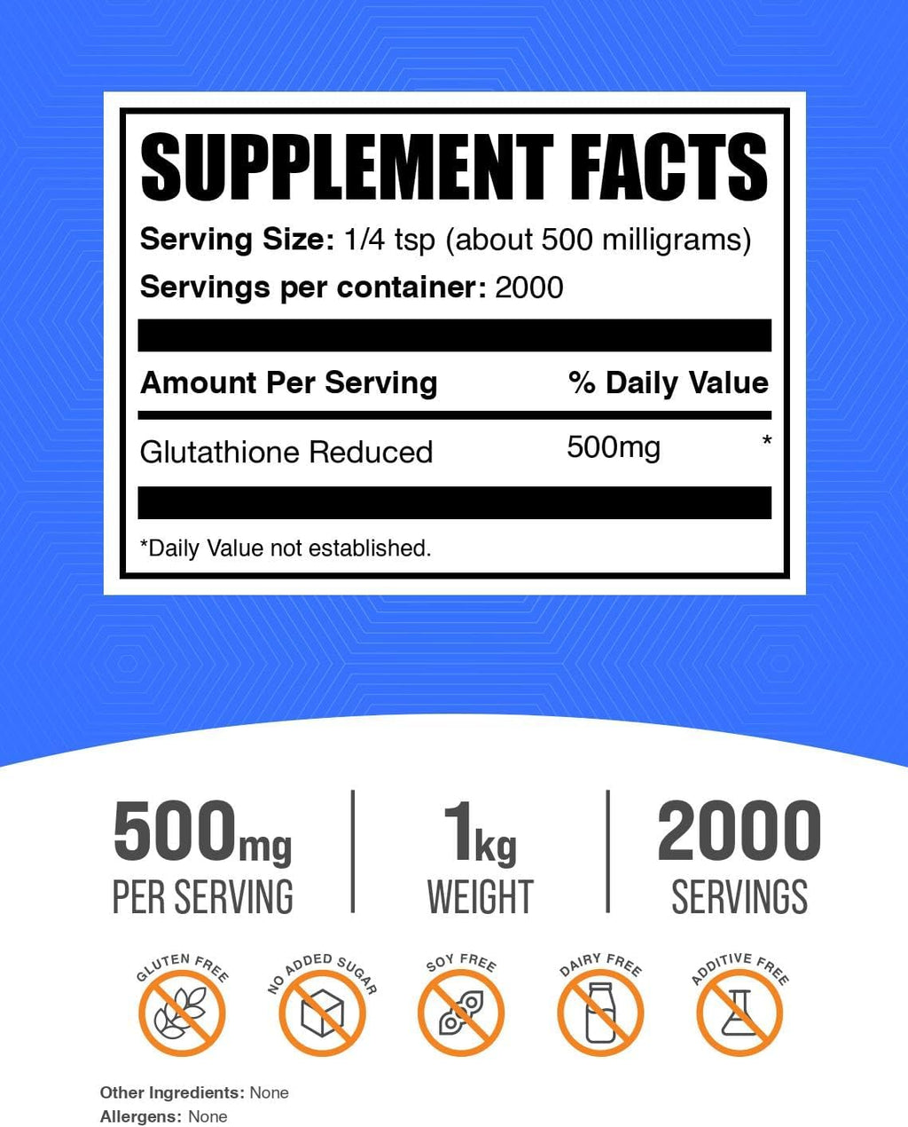 BulkSupplements.com Glutathione Reduced Powder - Glutathione Supplement, Reduced Glutathione Powder - Glutathione 500mg, Gluten Free, 500mg per Serving, 1kg (2.2 lbs) (Pack of 1)