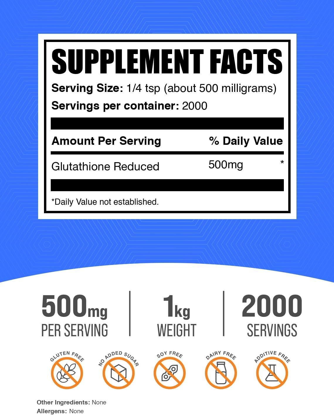 BulkSupplements.com Glutathione Reduced Powder - Glutathione Supplement, Reduced Glutathione Powder - Glutathione 500mg, Gluten Free, 500mg per Serving, 1kg (2.2 lbs) (Pack of 1)