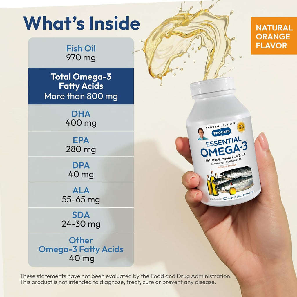 ANDREW LESSMAN Essential Omega-3 Orange - 60 Softgels - Ultra-Pure, High Potency Omega-3 Oils. High DHA, No Stomach Upset, No Contaminants, No Mercury. Small Easy to Swallow Softgels