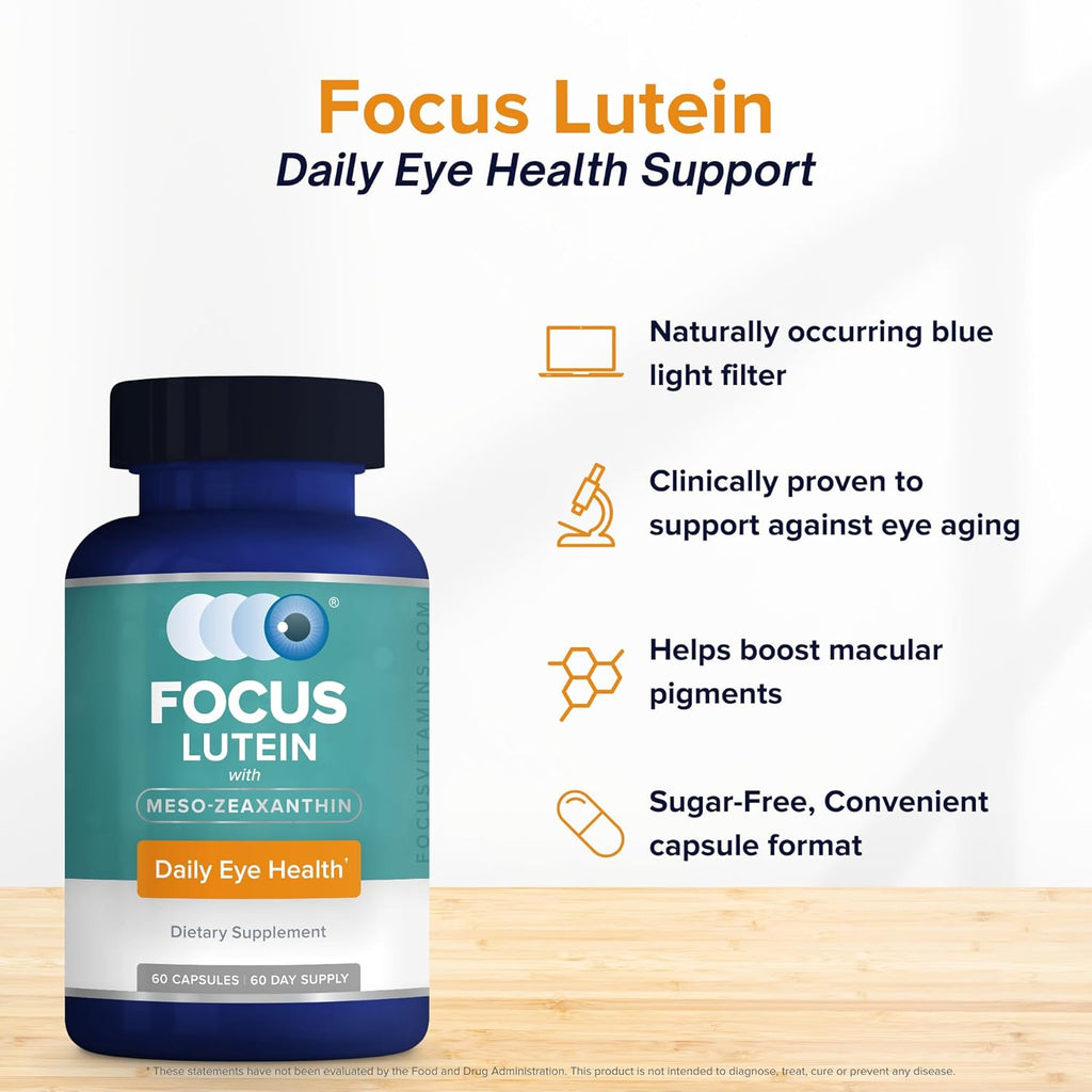 Focus Lutein for Eyes with Meso-Zeaxanthin, Eye Vitamin Supplement, 60 Count, 60 Day Supply, Daily Vision Support for Digital Screens, Bright Lights, Sunlight, Vegan and Sugar-Free, Made in USA