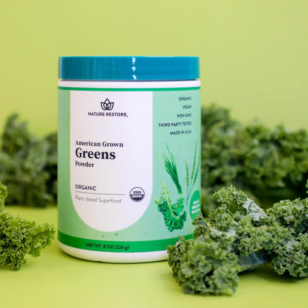 Nature Restore Greens Superfood Powder, USA Grown, Organic Kale, Barley Grass, Wheatgrass, Unsweetened, 8 Ounces, Made in USA