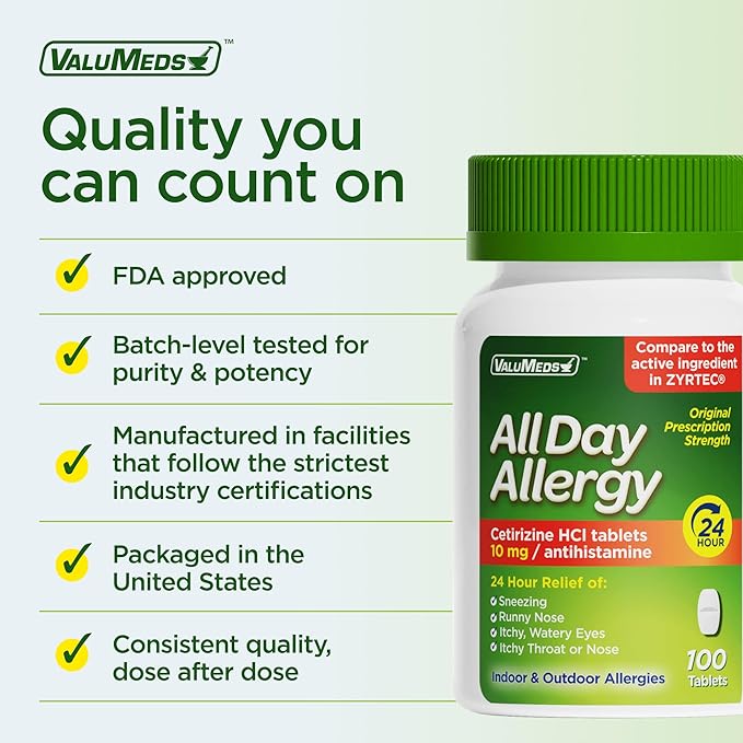ValuMeds 24-Hour Allergy Medicine Antihistamine for Pollen, Hay Fever, Dry, Itchy Eyes, Allergies | Cetirizine HCl 10mg Caplets, Compare to Leading Brand (100 Count)