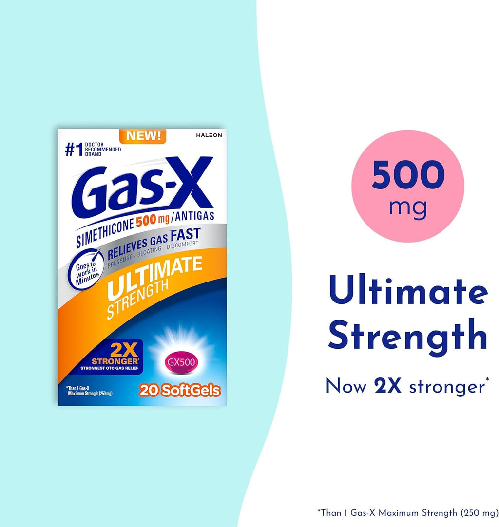 Gas-X Ultimate Strength Gas Relief Softgels with Simethicone 500 mg, Fast Bloating Relief, Anti-Gas, OTC Stomach & Intestinal Gas, Easy to Swallow, 20 Count