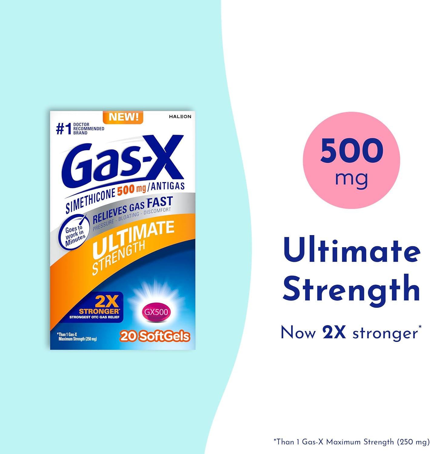 Gas-X Ultimate Strength Gas Relief Softgels with Simethicone 500 mg, Fast Bloating Relief, Anti-Gas, OTC Stomach & Intestinal Gas, Easy to Swallow, 20 Count