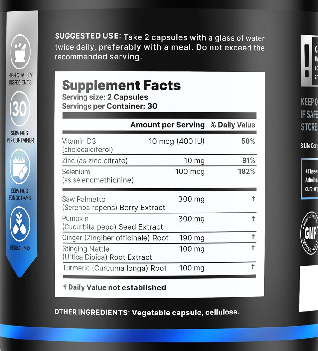 Prostate Health Supplements for Men with Saw Palmetto for Men & Pumpkin Seed Oil Capsules - Stinging Nettle Root| 60 Capsules – 30-Day Supply