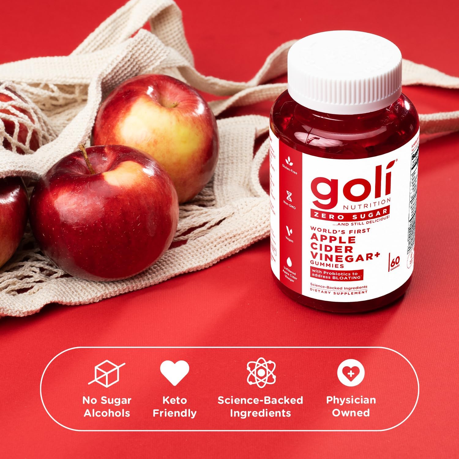 Goli Zero Sugar Apple Cider Vinegar Gummies - Vitamin B12, Probiotics to Address Bloating. No Artificial Sweeteners, No Sugar Alcohols. Vegan, Plant Based, Non-GMO, Gluten-Free & Gelatin Free. (3)