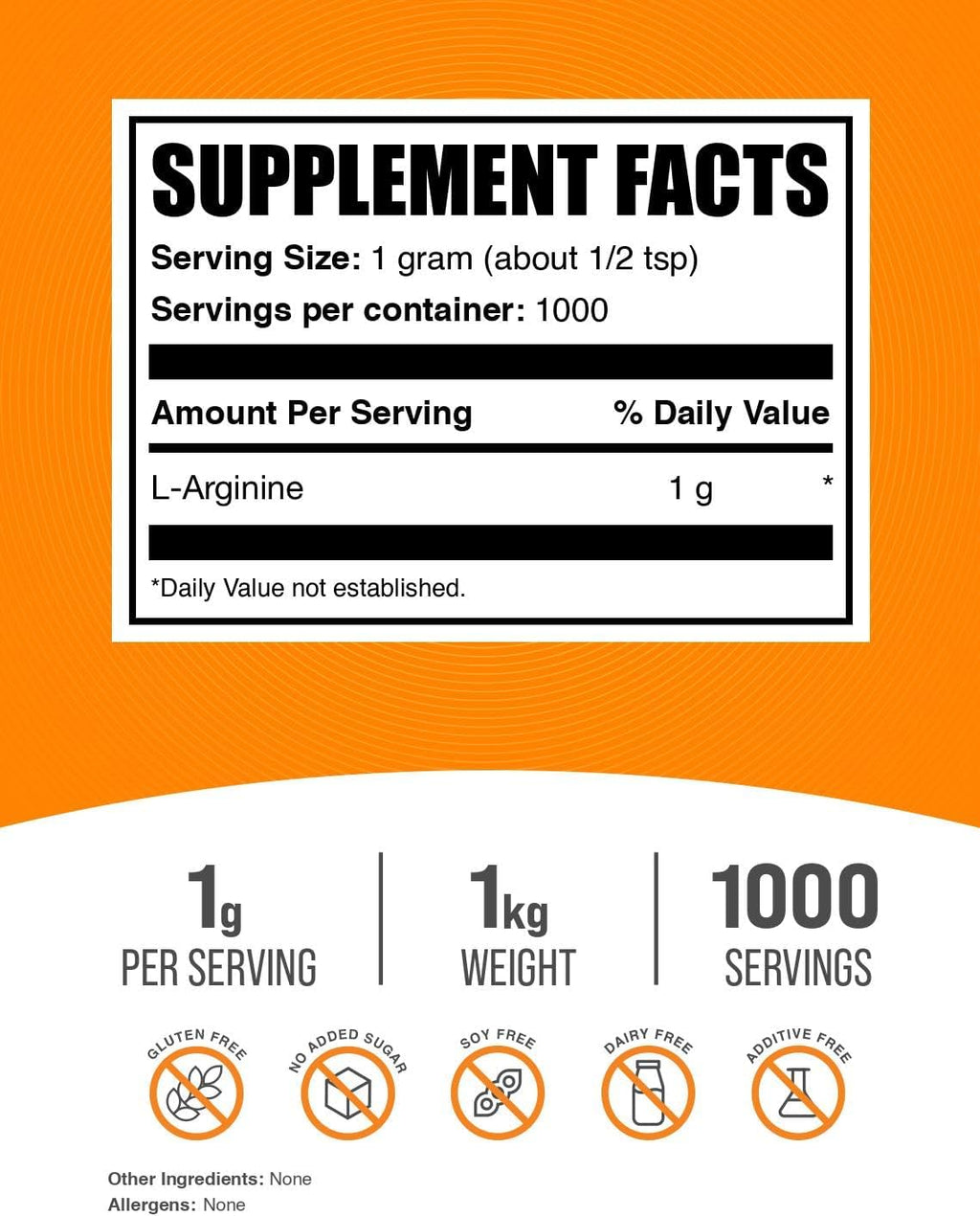 BulkSupplements.com L-Arginine Powder - Arginine Supplement, Nitric Oxide Supplement - Unflavored & Gluten Free, 1g per Serving, 1kg (2.2 lbs) (Pack of 1)