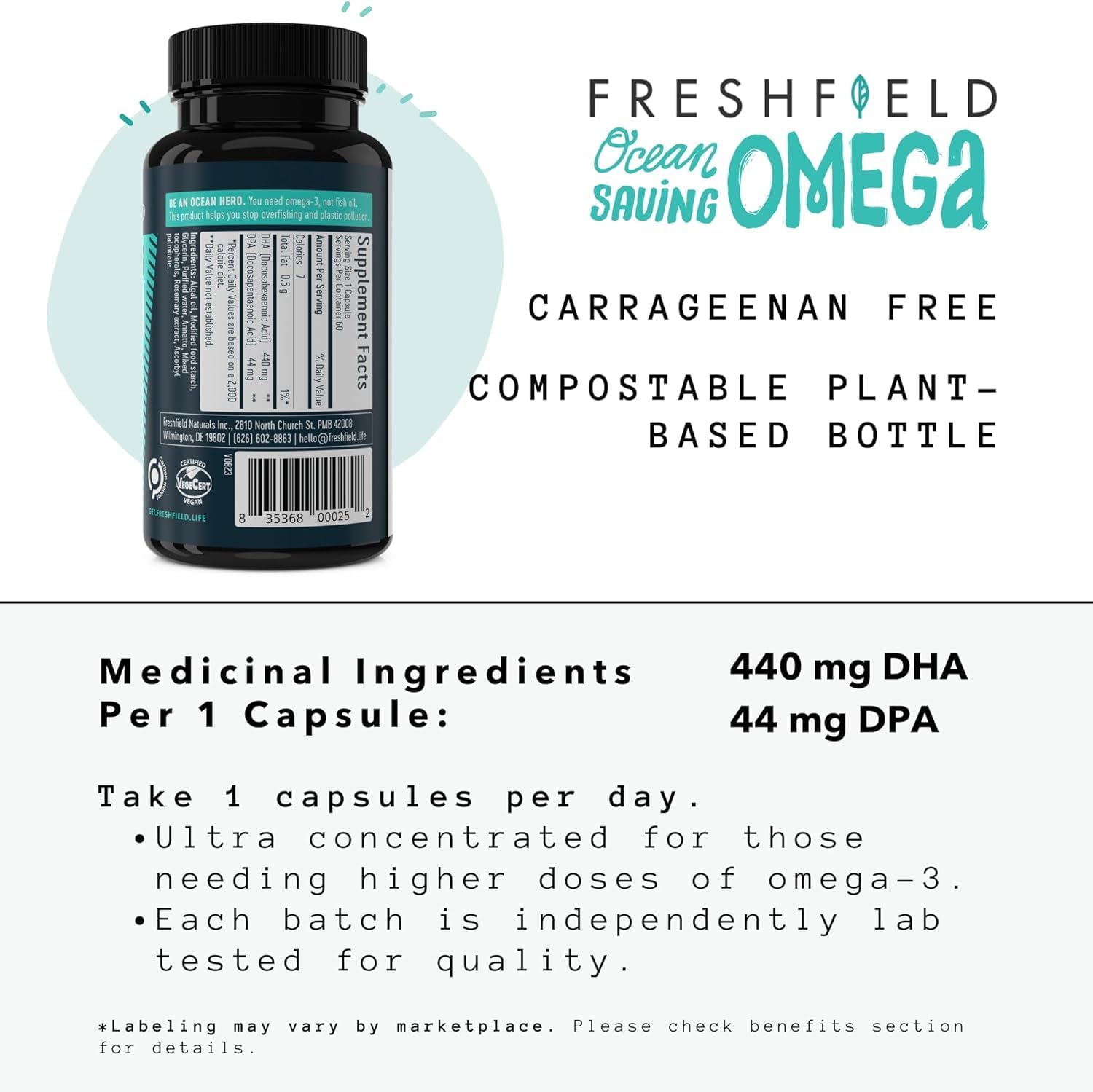 Ocean Saving Omega, Algae Omega 3, DHA Supplement, 4-Month Supply, Sustainably Sourced, Highest Levels of DHA per Capsule (440 mg), w/DPA