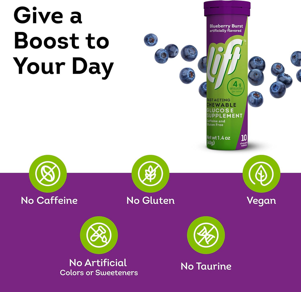 Lift Glucose Fast-Acting Glucose Chewable Energy Tablets, Blueberry, 10 ct Tube (Pack of 12)