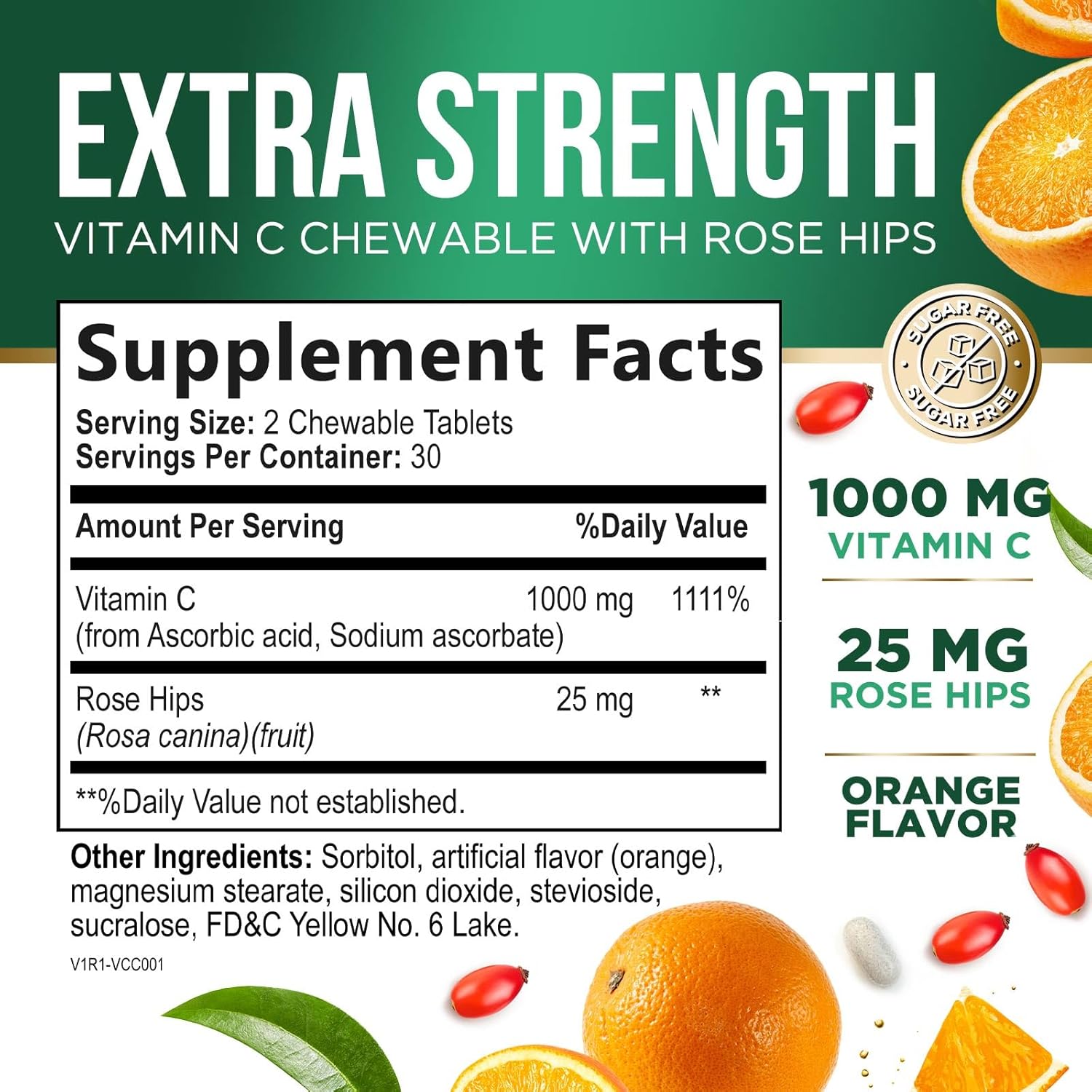 Vitamin C Chewable 1000mg - Extra Strength Antioxidants for Powerful Immune Support w/Vitamin C & Rose HIPS - Potent Dietary VIT C Chews Supplement, Natural, Vegan, Gluten-Free, Non-GMO - 60 Tablets