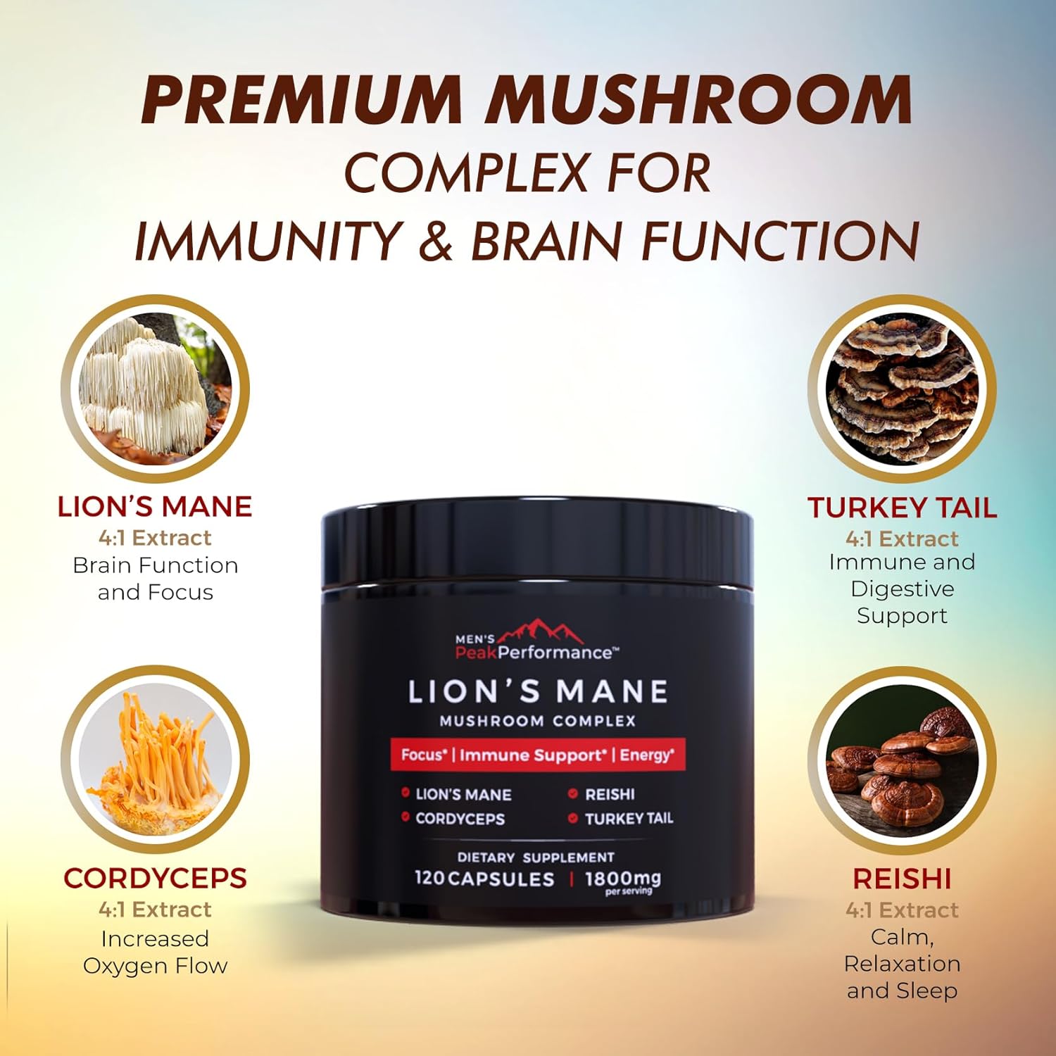 MEN'S PeakPerformance Lion's Mane Mushroom Supplement Capsules with Reishi, Cordyceps, Turkey Tail – Brain Nootropic for Memory, Focus, Natural Energy, & Immune Support Supplement (120 Capsules)