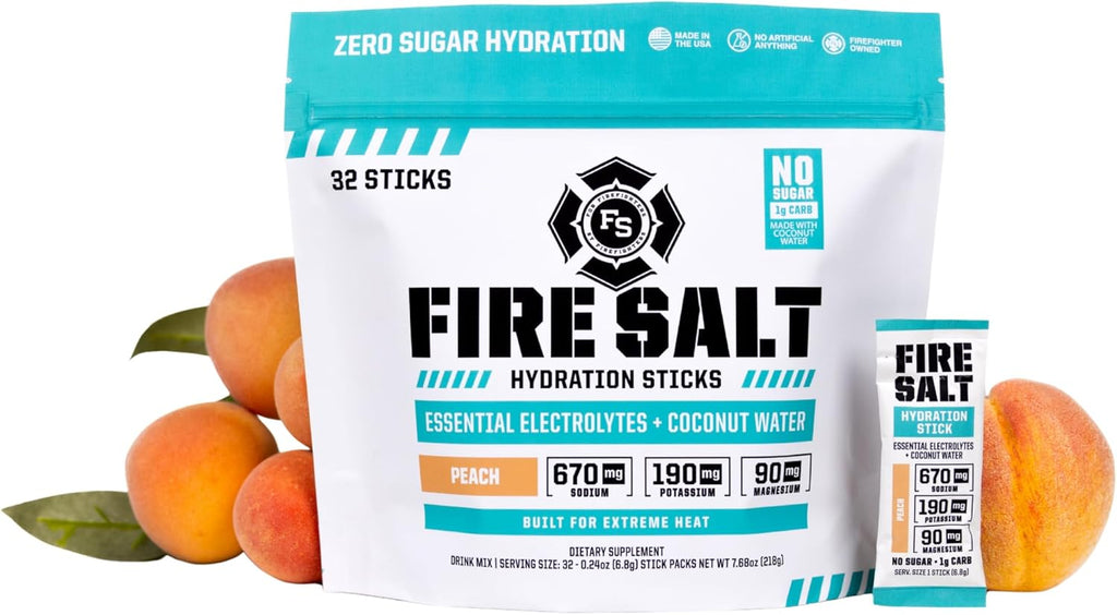 Fire Science Fire Salt Hydration Sticks, Electrolytes & Coconut Water, Hydration Drink Mix with Magnesium, Potassium & Sodium, Zero Sugar, Single Serve On The Go Packs, Vegan, Peach Flavor, 32 Count