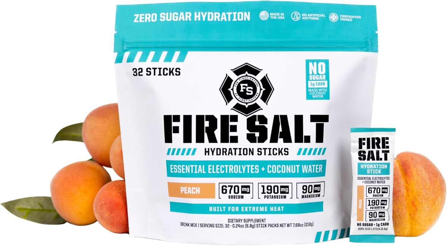 Fire Science Fire Salt Hydration Sticks, Electrolytes & Coconut Water, Hydration Drink Mix with Magnesium, Potassium & Sodium, Zero Sugar, Single Serve On The Go Packs, Vegan, Peach Flavor, 32 Count