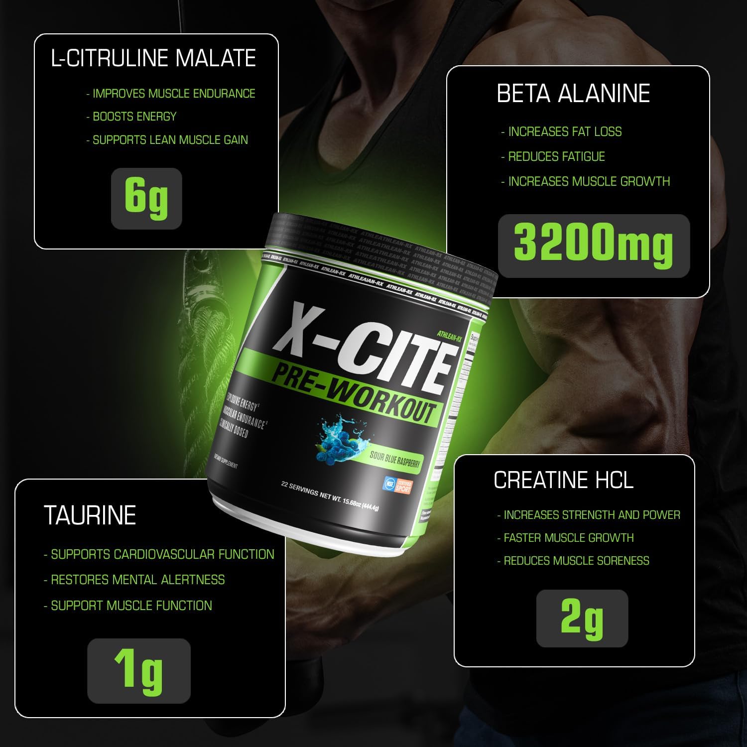 X-CITE Pre-Workout by ATHLEAN-X - Enhanced Formula with Beta-Alanine, Creatine & Caffeine for Energy, Endurance, Focus & Muscle Pump, NSF Certified for Sports (22 Servings, Sour Blue Raspberry)