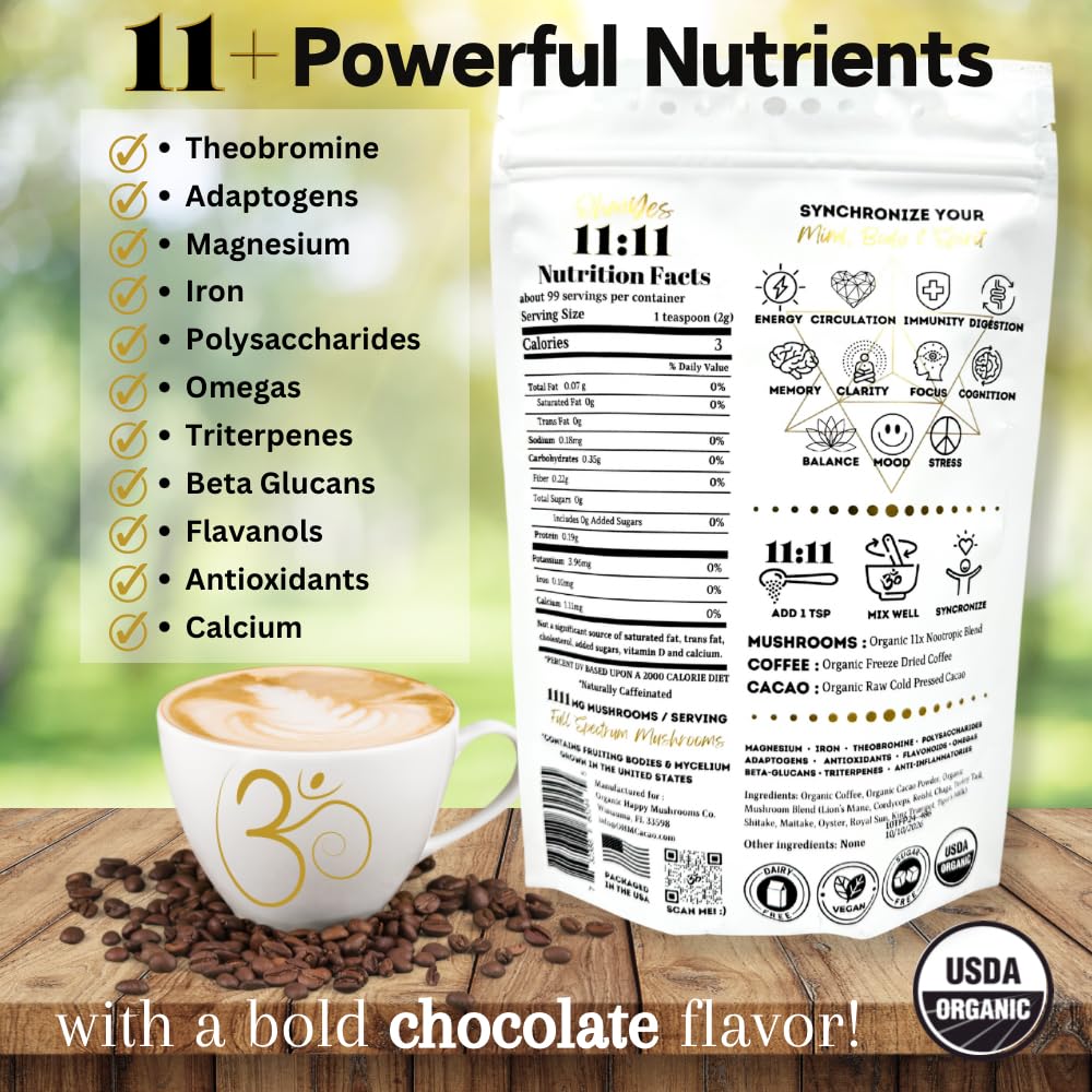 OhmYes 11 Mushroom Coffee + Cacao – Organic Nootropic Superfood Blend with Lion’s Mane, Reishi, Chaga, Cordyceps & Theobromine – Natural Brain Supplement for Memory, Focus & Energy (7 oz)