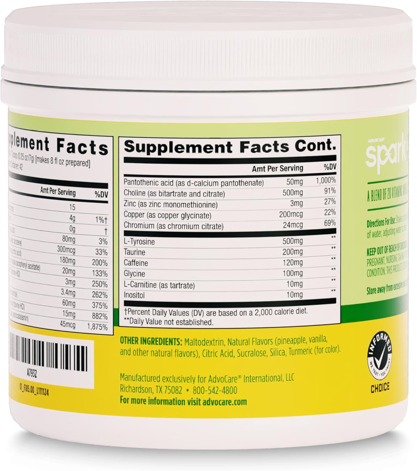AdvoCare Spark Vitamin & Amino Acid Supplement - Focus & Energy Drink Powder Mix with Vitamin A, B-6, C & E - Also Includes L-Carnitine & L-Tyrosine - Pineapple Whip - 10.5 oz