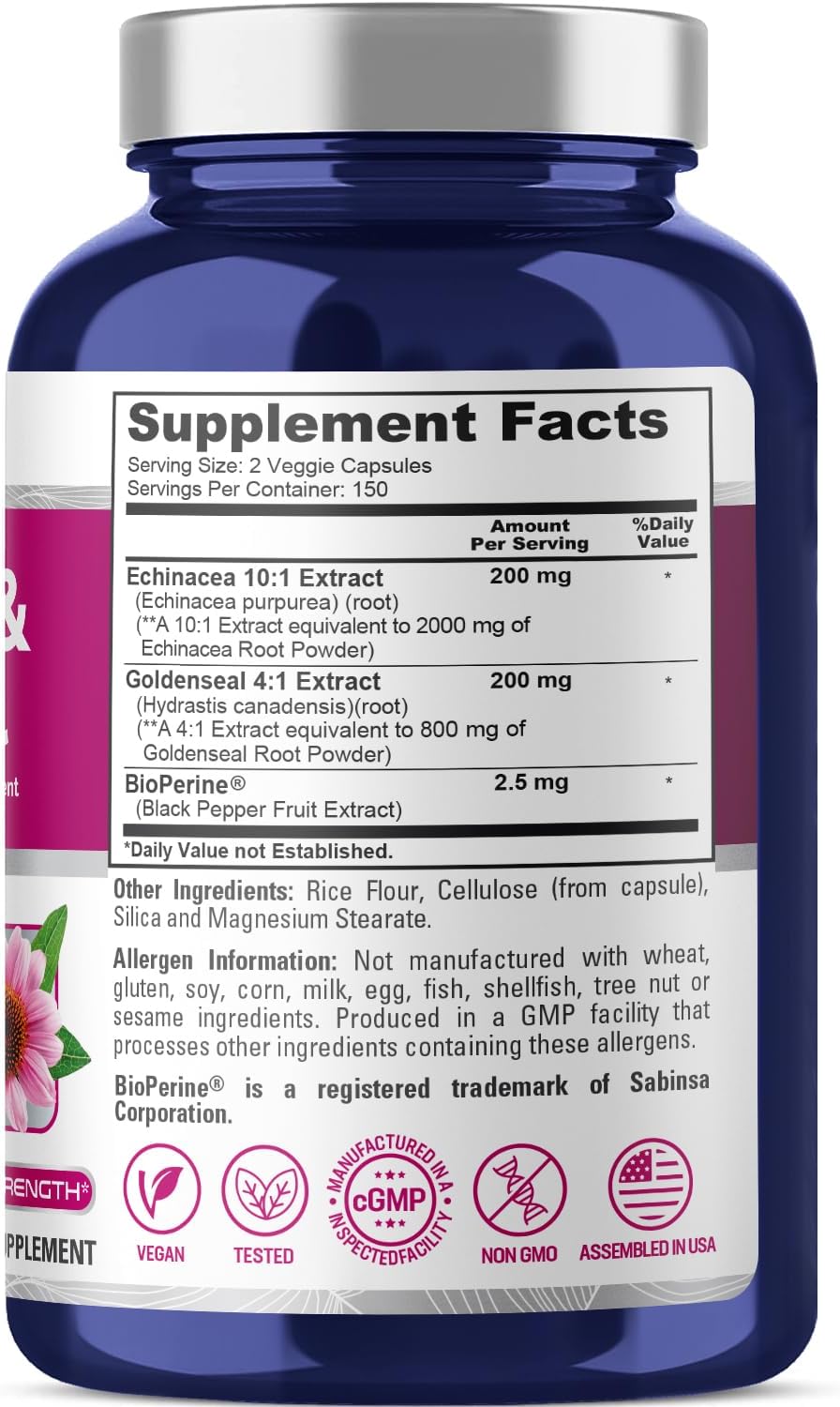 NusaPure Echinacea Goldenseal 200mg, (Extract 10:1, Equivalent to 2,000mg), 200mg, (Extract 4:1, Equivalent to 800mg) - 2800mg 300 Veggie Caps (Vegetarian, Non-GMO, Vegan)