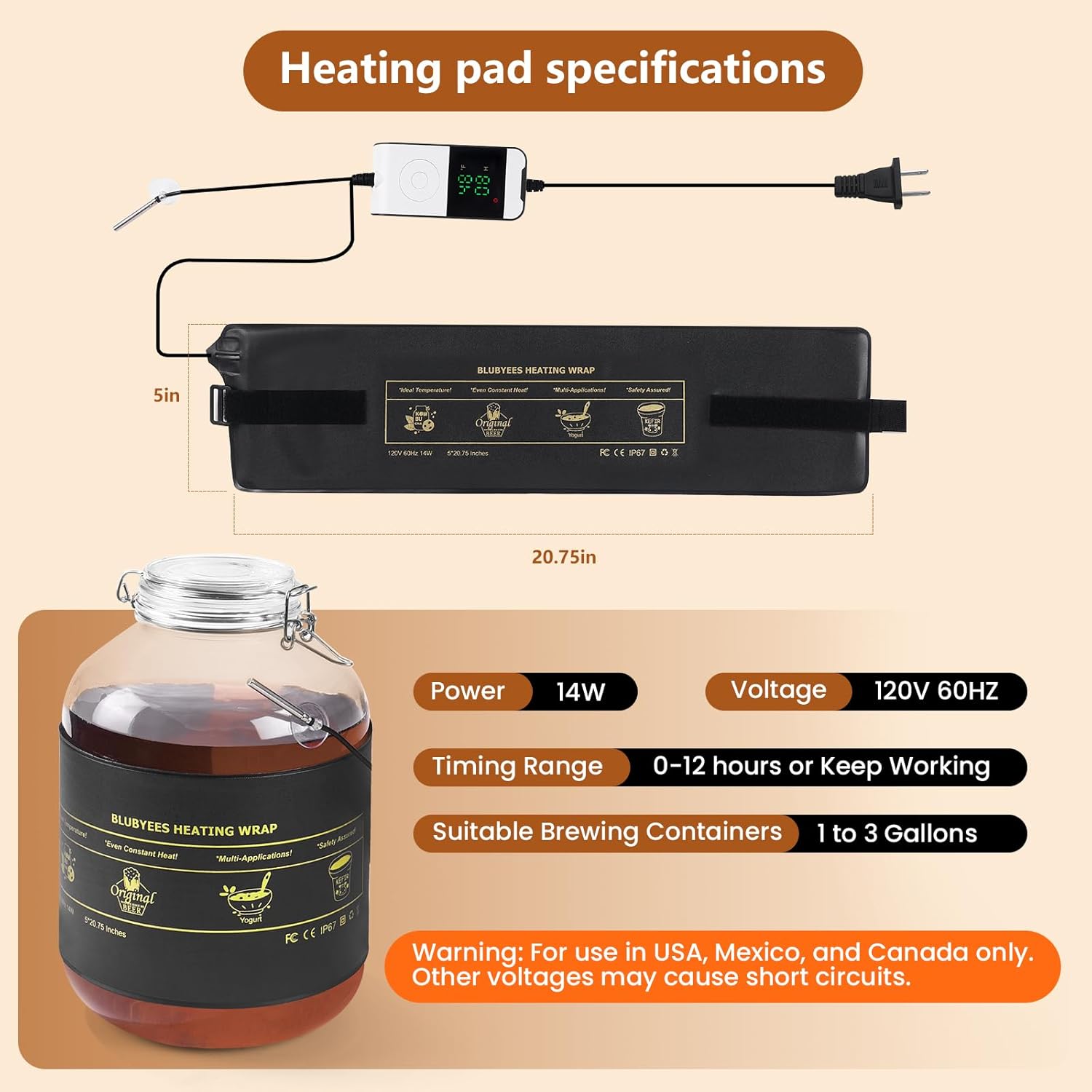 Digital Kombucha Heating Wrap with Precise Temperature Control and Timer Function - Kombucha Starter Kit, the Ideal Fermentation Heating Pad for Kombucha and Sourdough