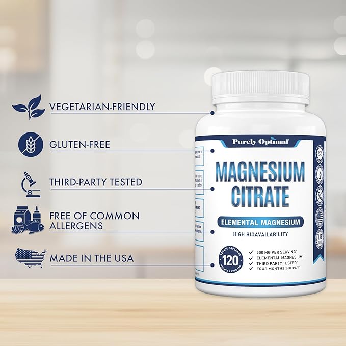 Purely Optimal Magnesium Citrate 500mg – Magnesium Supplement for Digestive Health, Gentle Constipation Relief, Muscle & Sleep Support, Calm & Relaxation – High Absorption, 120 Easy-to-Swallow Caps