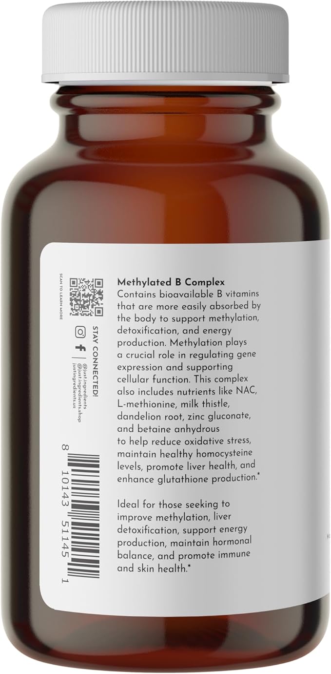 JUST INGREDIENTS Methylated B Complex with Liver Support - Energy, Detox, Glutathione, Skin - 90 Capsules