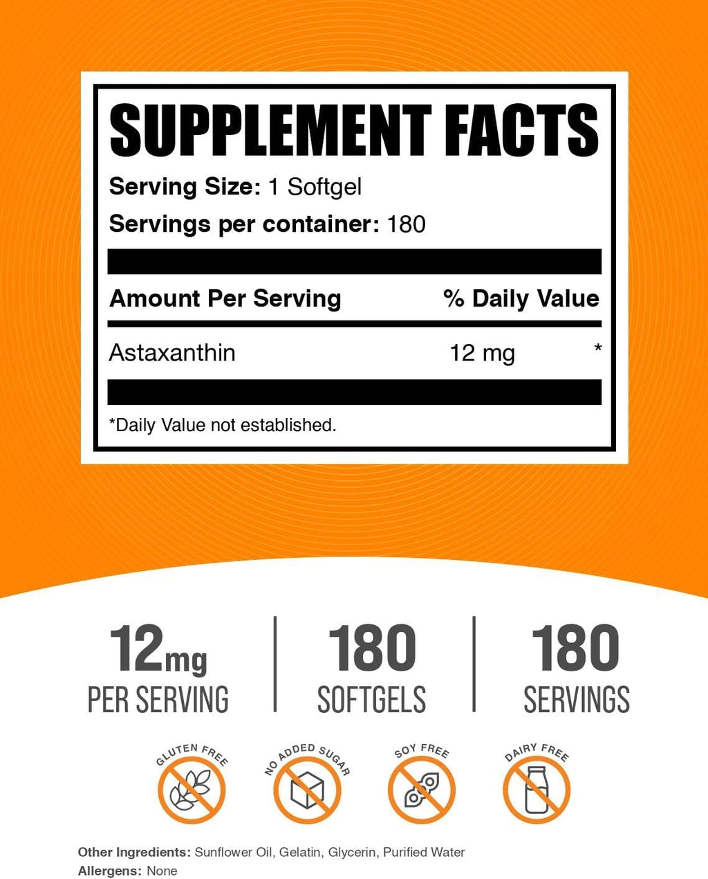 BulkSupplements.com Astaxanthin 12mg Softgels - Astaxanthin Supplements, Antioxidant Source - Gluten Free, 1 Softgel per Serving, 180 Count (Pack of 1)