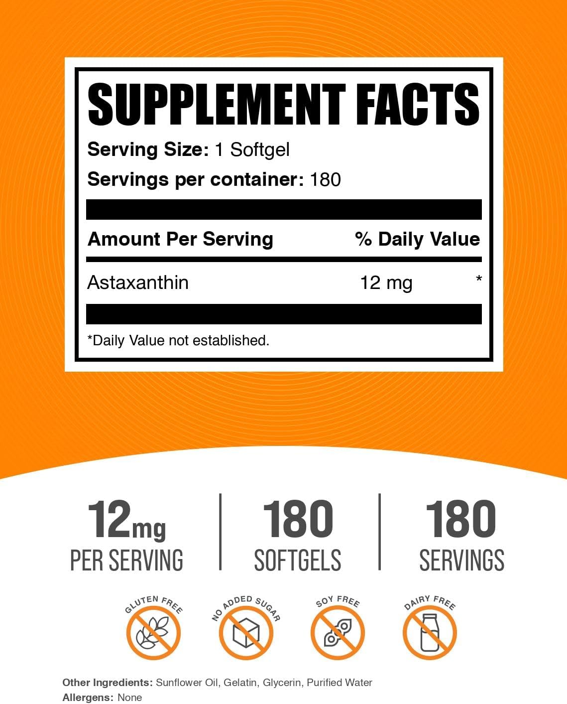 BulkSupplements.com Astaxanthin 12mg Softgels - Astaxanthin Supplements, Antioxidant Source - Gluten Free, 1 Softgel per Serving, 180 Count (Pack of 1)