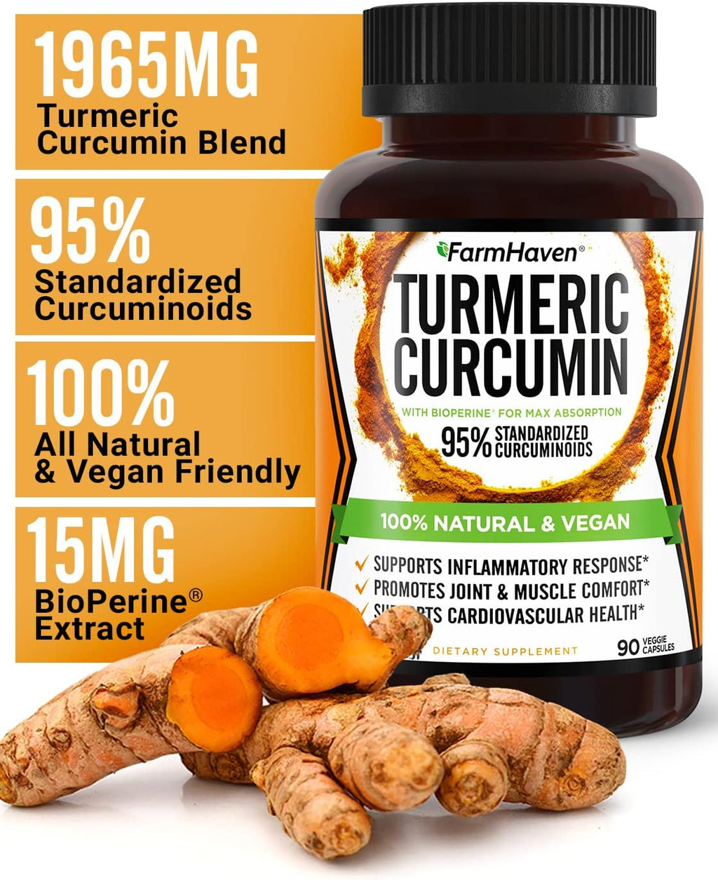 Turmeric Curcumin with BioPerine Black Pepper & 95% Curcuminoids, 1965mg, Maximum Absorption for Joint Support, Non-GMO Turmeric Capsules, Made in USA - 90 Veg Caps