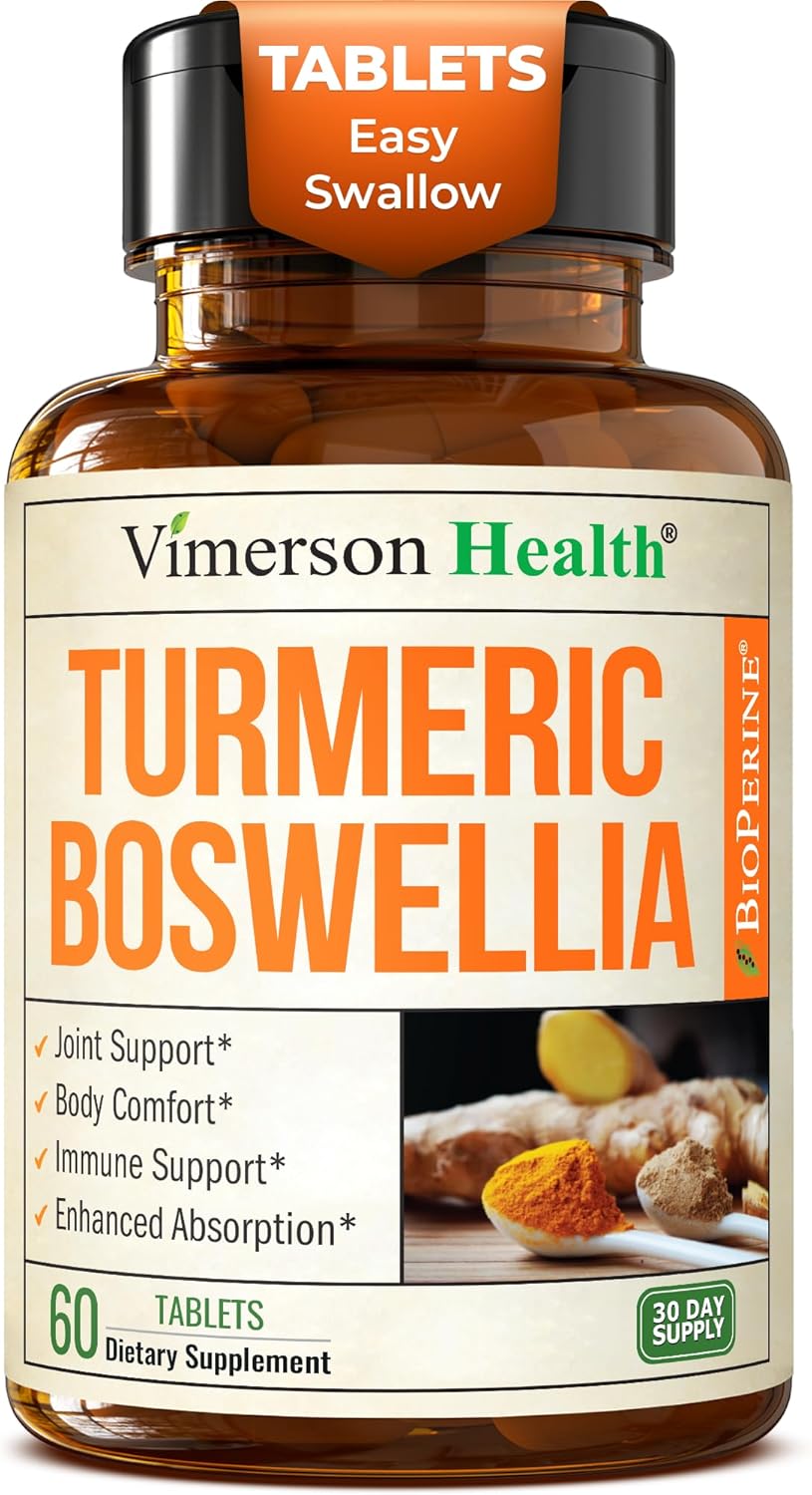 Turmeric Curcumin Supplement with Boswellia Serrata, Ginger Root, Organic Turmeric Powder & Black Pepper - 95% Curcuminoids Turmeric Supplement - 60 Gluten Free Tumeric Boswellia Extract Tablets